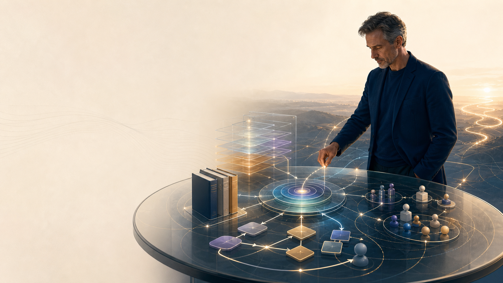 A thinker exploring connected books, developmental models and organisational ideas as one coherent architecture