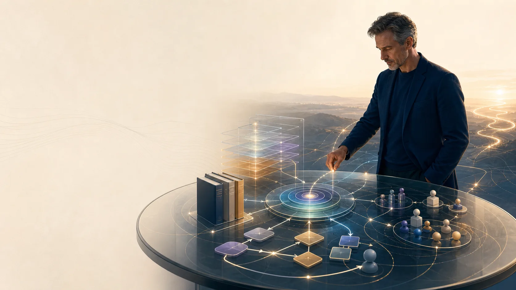 A thinker exploring connected books, developmental models and organisational ideas as one coherent architecture