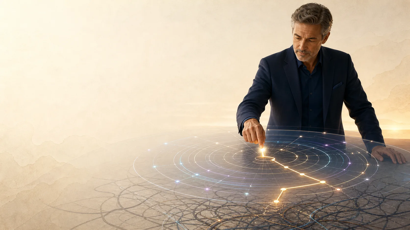 A person mapping a deliberate path through a complex career landscape