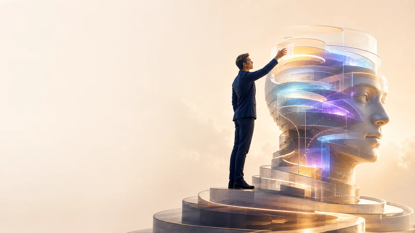 A person deliberately assembling a luminous, layered sculpture of a human mind